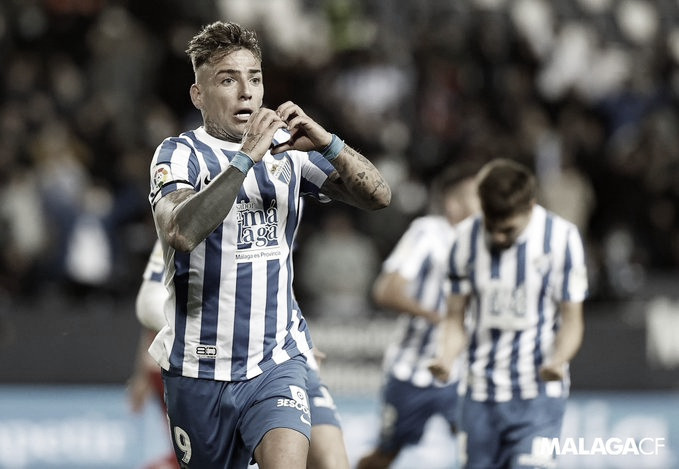 Brandon celebrando su gol frente al Cartagena. / Fuente: Málaga CF en Twitter.