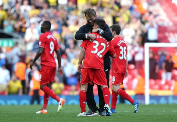 Brannagan, pictured with Klopp, is highly rated at Anfield (photo: Getty)