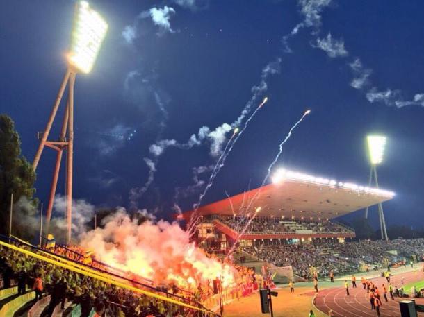 Both the Hertha and Brondby fans produced fireworks on an electric night in Berlin, with the Brondby display pictured. (Source: Football Away Days on Twitter) 