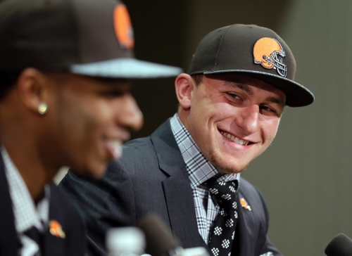 Johnny Manziel and Justin Gilbert at their introductory press conference. (Ohio.com)