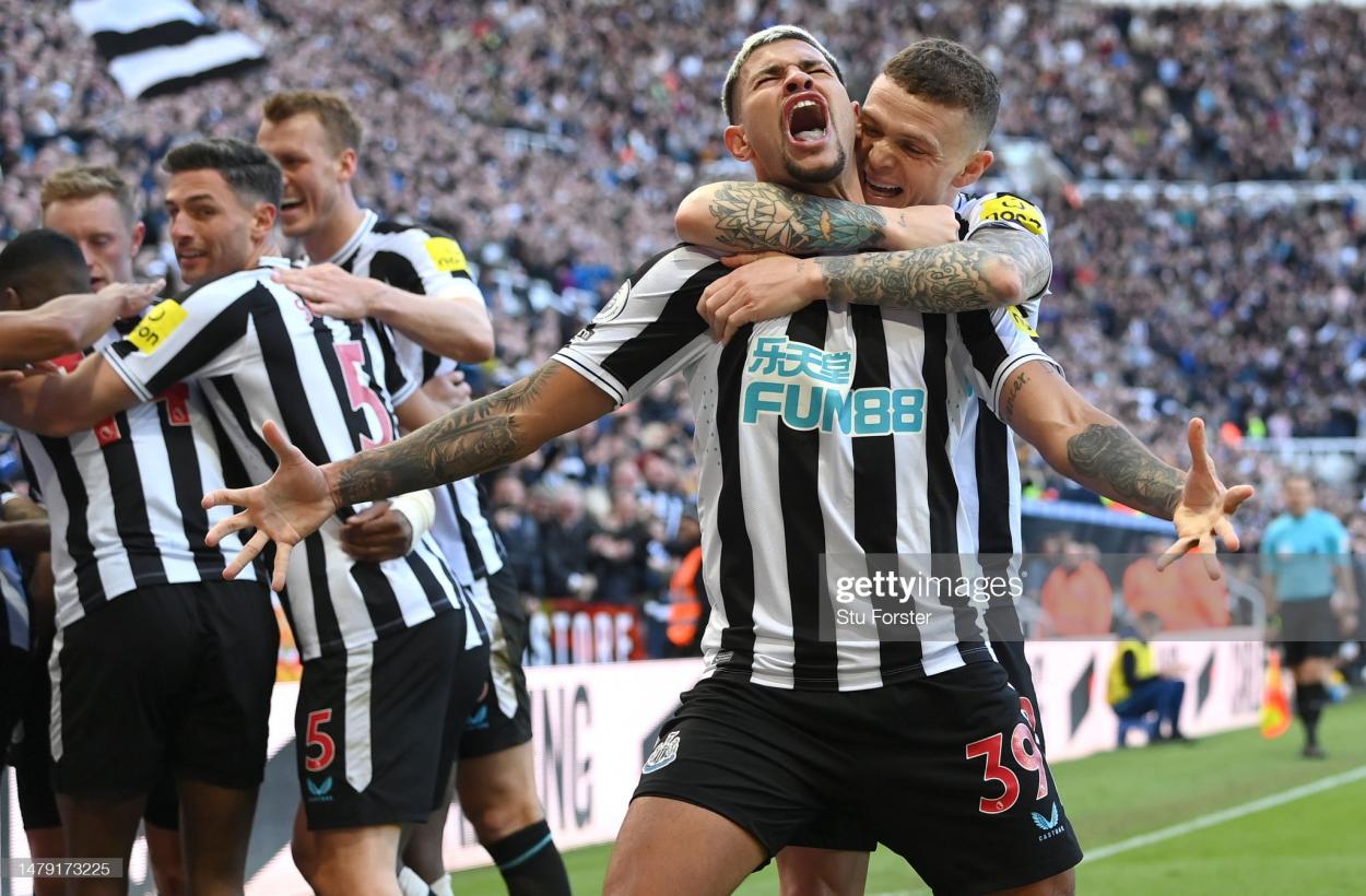 Newcastle players celebrating the opener. (Photo by Stu Forster/Getty Images)