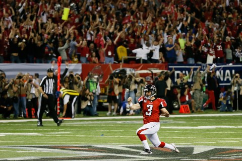 Matt Bryant celebrates his game-winning field - Seattle in the 2012 NFL Playoffs. (Source: Kevin C. Cox/Getty Images)