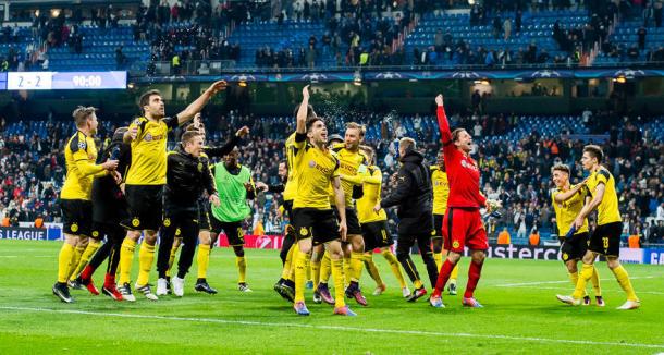 Los jugadores del Dortmund celebran el empate en el Bernabéu | Foto: Borussia Dortmund