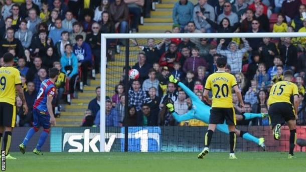 Cabaye scores a penalty in Palace's 1-0 win at Vicarage Road earlier this season | Photo: Reuters