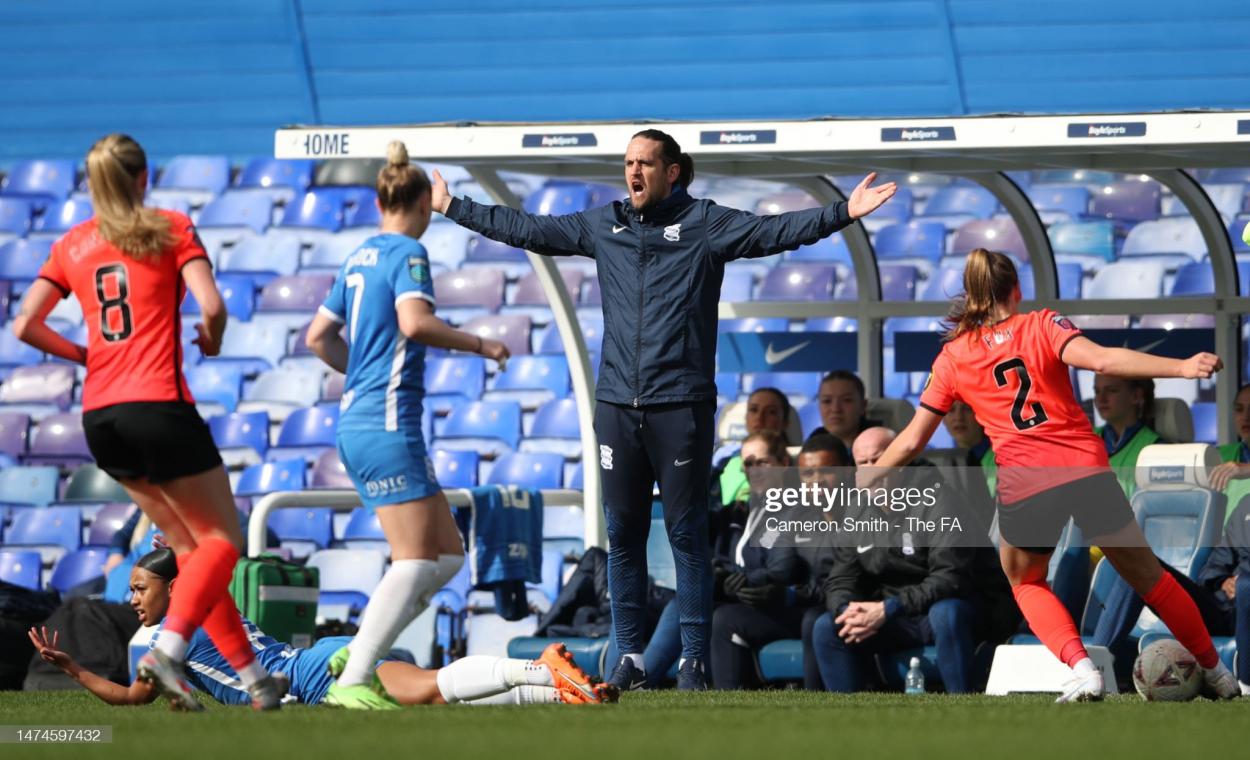 Darren Carter, Manager of Birmingham City, reacts during the Vitality Women's FA Cup match between Birmingham City and Brighton & Hove Albion at St Andrew's Trillion Trophy Stadium on March 19, 2023 in Birmingham, England. (Photo by Cameron Smith - The FA/The FA via Getty Images)