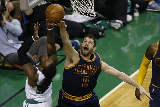 Cleveland Cavaliers forward Kevin Love (0) defending  Boston Celtics forward Jae Crowder (99). Photo:Greg M. Cooper-USA TODAY Sports 