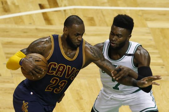 Cleveland Cavaliers forward LeBron James (23) drives towards Boston Celtics guard Jaylen Brown (7). Photo:Greg M. Cooper-USA TODAY Sports 