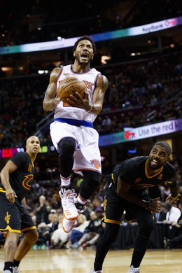 New York Knicks Guard Derrick Rose drives to the basket. Photo Courtesy Rick Osentoski-USA TODAY Sports 