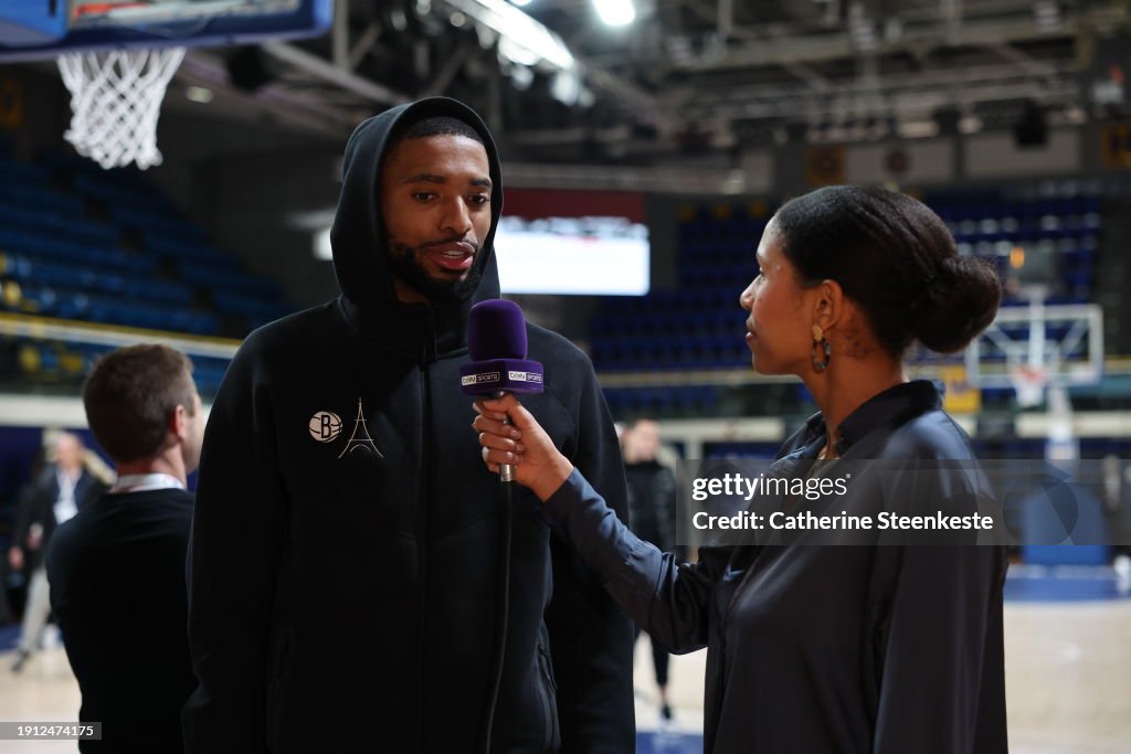 Mikal Bridges #1 of the Brooklyn Nets talks to the media during practice and media availability as part of NBA Paris Games 2024 on January 09, 2024 at Palais des Sports Marcel-Cerdan in Paris, France. NOTE TO USER: User expressly acknowledges and agrees that, by downloading and/or using this Photograph, user is consenting to the terms and conditions of the Getty Images License Agreement. Mandatory Copyright Notice: Copyright 2024 NBAE (Photo by Catherine Steenkeste/NBAE via Getty Images)