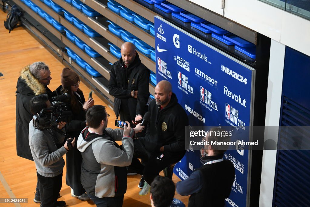JB Bickerstaff of the Cleveland Cavaliers talks to the media after practice as part of NBA Paris Games 2024 at Palais des Sports Marcel-Cerdan on January 09, 2024 in Paris, France. NOTE TO USER: User expressly acknowledges and agrees that, by downloading and/or using this Photograph, user is consenting to the terms and conditions of the Getty Images License Agreement. Mandatory Copyright Notice: Copyright 2024 NBAE (Photo by Mansoor Ahmed/NBAE via Getty Images)