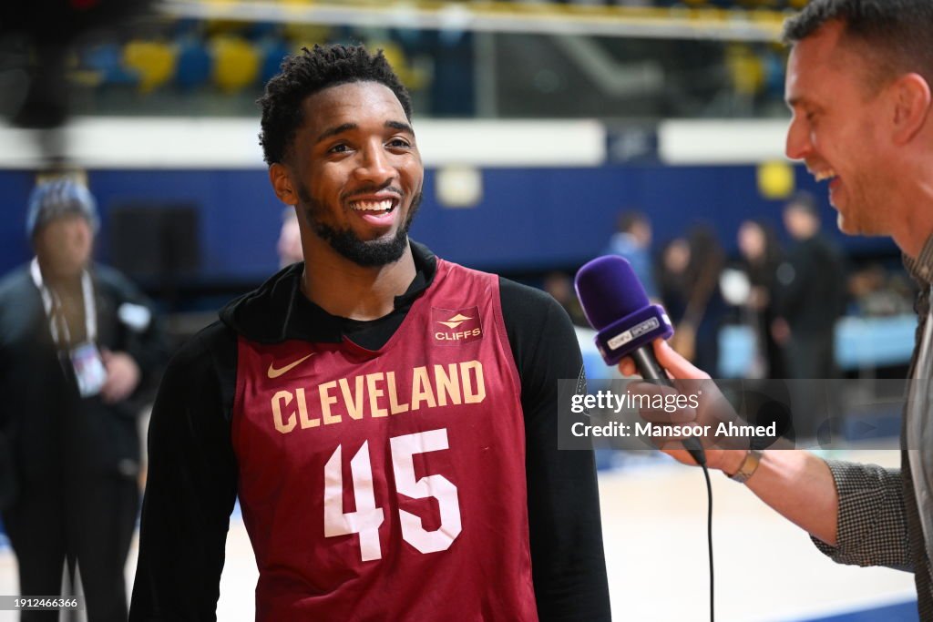 Donovan Mitchell #45 of the Cleveland Cavaliers talks to the media after practice as part of NBA Paris Games 2024 at Palais des Sports Marcel-Cerdan on January 09, 2024 in Paris, France. NOTE TO USER: User expressly acknowledges and agrees that, by downloading and/or using this Photograph, user is consenting to the terms and conditions of the Getty Images License Agreement. Mandatory Copyright Notice: Copyright 2024 NBAE (Photo by Mansoor Ahmed/NBAE via Getty Images)