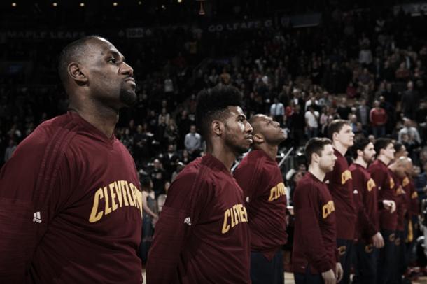 The Cavaliers line up before the start of a game. (Ron Turenne/NBAE/Getty Images)