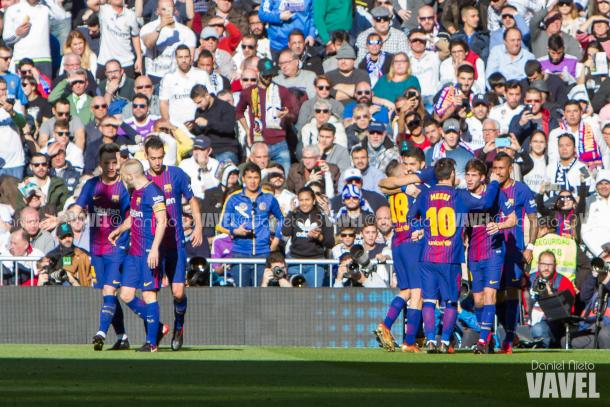 Los azulgranas celebrando uno de los goles en Madrid / Foto: Daniel Nieto (VAVEL.com)