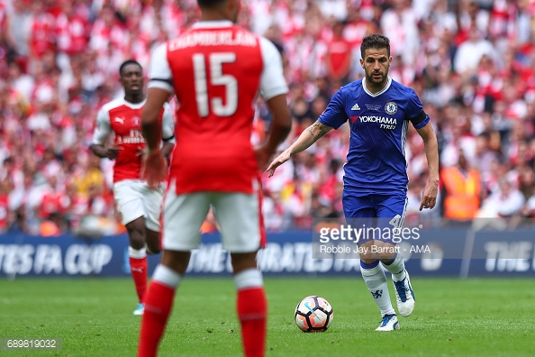 Cesc Fabregas in action against his former club, Arsenal, in the 2017 FA Cup Final. (Source: Robbie Jay Barret/AMA/Getty Images).