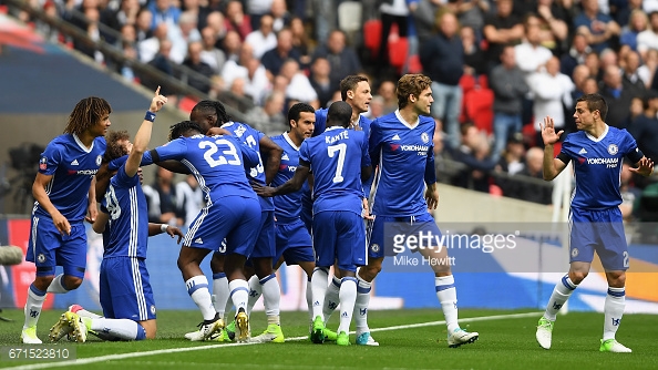 Chelsea celebrate the opening goal of their 4-2 victory over Tottenham back in May. (Source: Mike Hewitt/Getty Images)