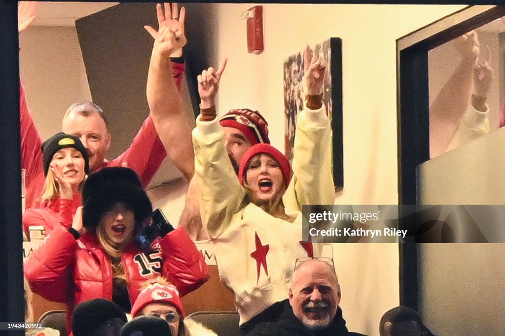 Brittany Mahomes, Jason Kelce, and Taylor Swift react during the second half of the AFC Divisional Playoff game between the Kansas City Chiefs and the Buffalo Bills at Highmark Stadium on January 21, 2024 in Orchard Park, New York. (Photo by Kathryn Riley/Getty Images)