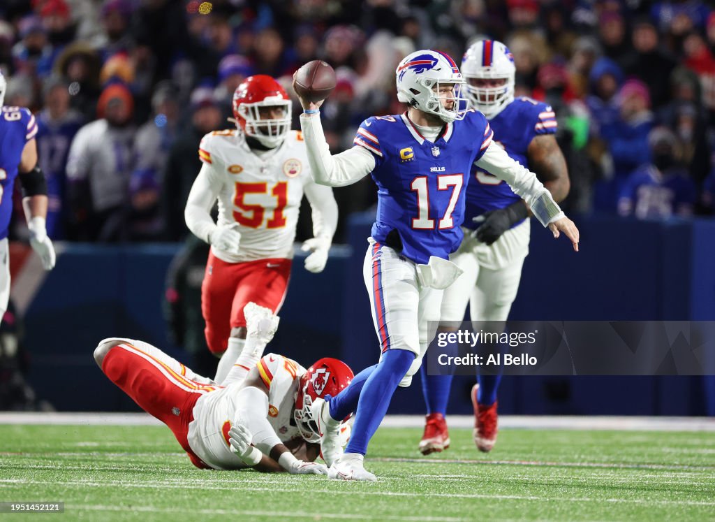 Josh Allen #17 of the Buffalo Bills in action against the Kansas City Chiefs during their AFC Divisional Playoff game at Highmark Stadium on January 21, 2024 in Orchard Park, New York. (Photo by Al Bello/Getty Images)