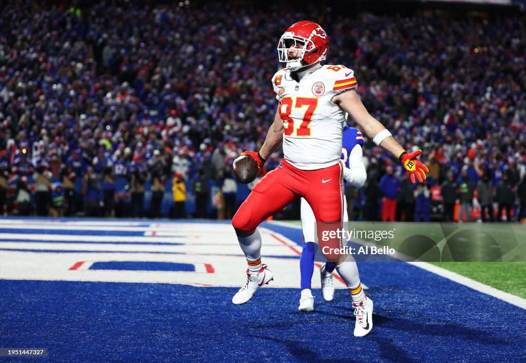  #87 of the Kansas City Chiefs celebrates after scoring a 22 yard touchdown against the Buffalo Bills during the second quarter in the AFC Divisional Playoff game at Highmark Stadium on January 21, 2024 in Orchard Park, New York. (Photo by Al Bello/Getty Images)