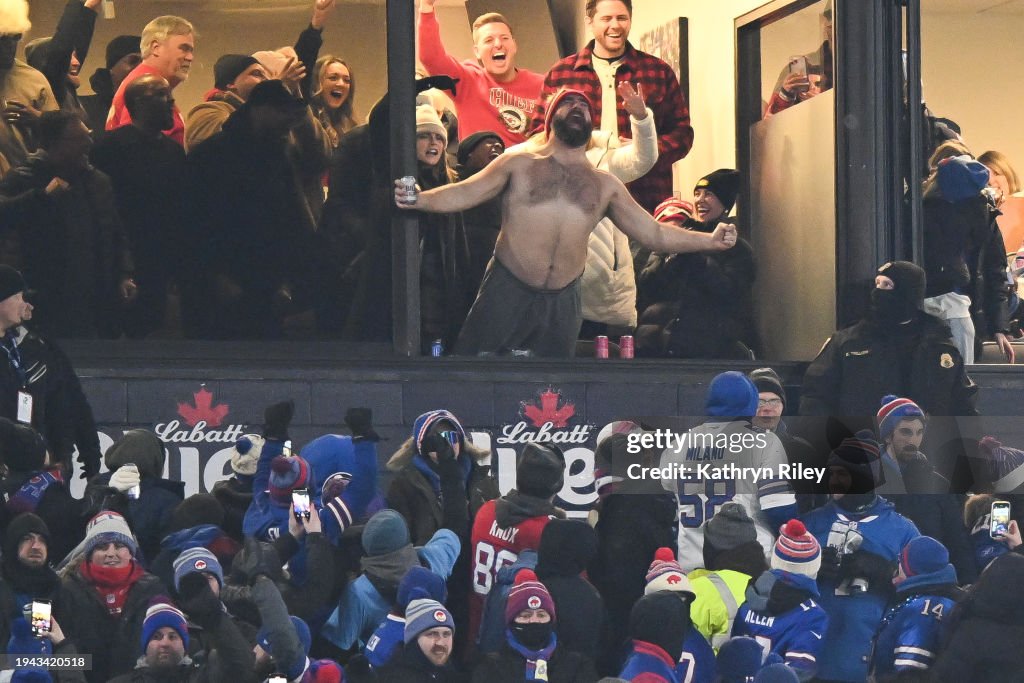 Jason Kelce #62 of the Philadelphia Eagles celebrates after the Kansas City Chiefs score a touchdown during the first half of the AFC Divisional Playoff game against the Buffalo Bills at Highmark Stadium on January 21, 2024 in Orchard Park, New York. (Photo by Kathryn Riley/Getty Images)