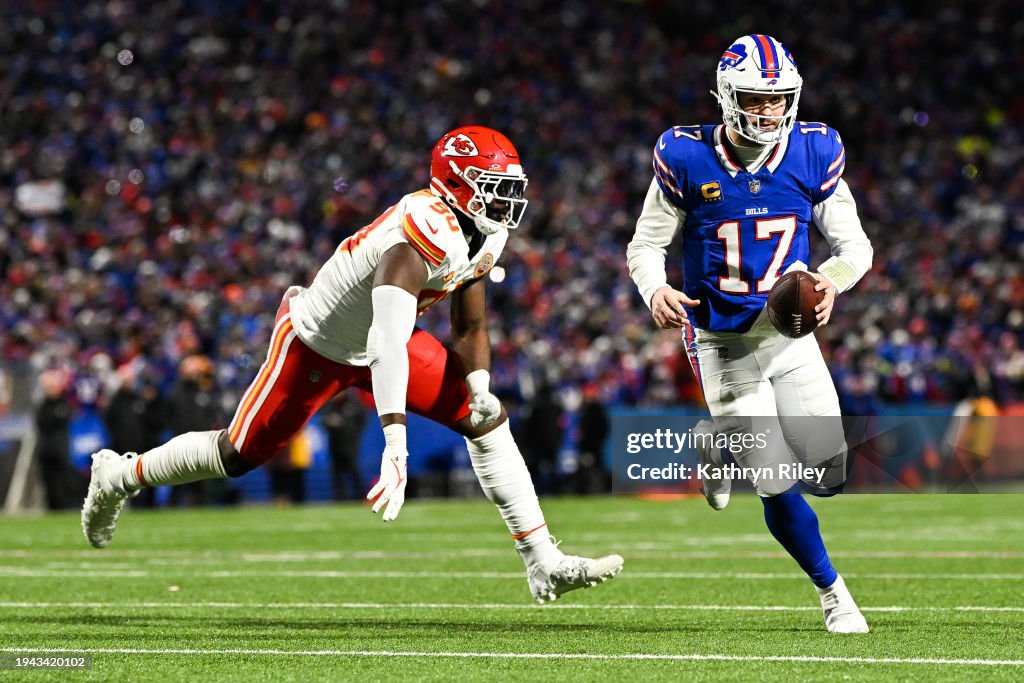 Josh Allen #17 of the Buffalo Bills runs with the football during the first half of the AFC Divisional Playoff game against the Kansas City Chiefs at Highmark Stadium on January 21, 2024 in Orchard Park, New York. (Photo by Kathryn Riley/Getty Images)