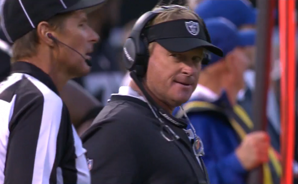 Jon Gruden's demeanor appears to be in midseason form. | NFL Gamepass