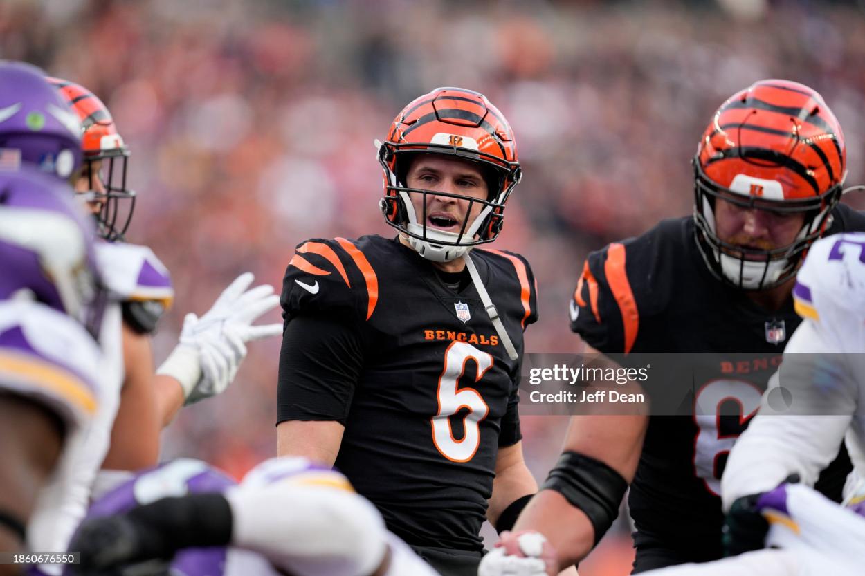 Jake Browning #6 of the Cincinnati Bengals calls a play in the second half of the game against the Minnesota Vikings at Paycor Stadium on December 16, 2023 in Cincinnati, Ohio. (Photo by Jeff Dean/Getty Images)