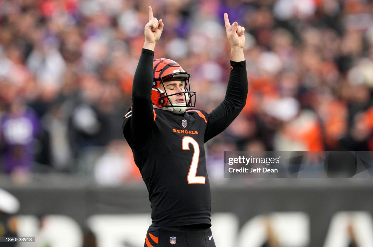 Evan McPherson #2 of the Cincinnati Bengals reacts after converting an extra point in the fourth quarter of the game against the Minnesota Vikings at Paycor Stadium on December 16, 2023 in Cincinnati, Ohio. (Photo by Jeff Dean/Getty Images)