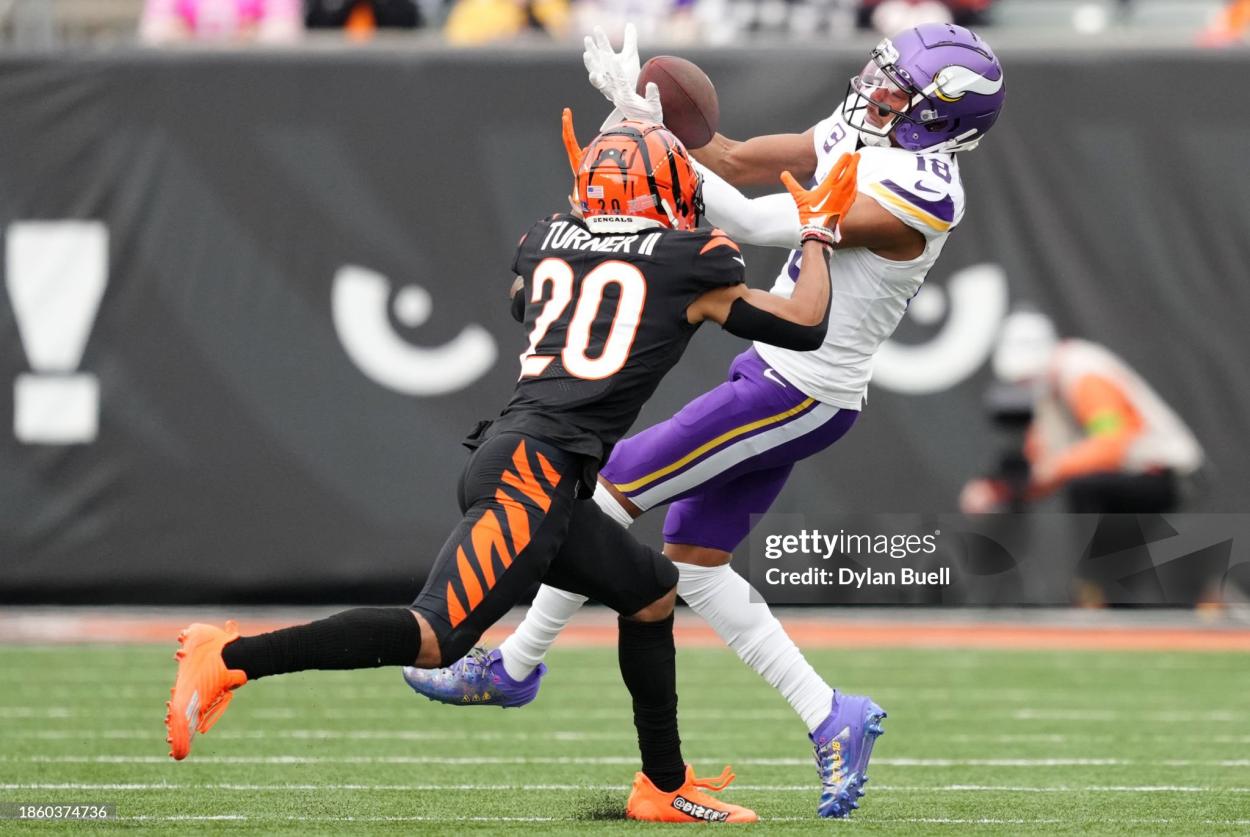 Justin Jefferson #18 of the Minnesota Vikings catches the ball in the second quarter of the game against the Cincinnati Bengals at Paycor Stadium on December 16, 2023 in Cincinnati, Ohio. (Photo by Dylan Buell/Getty Images)