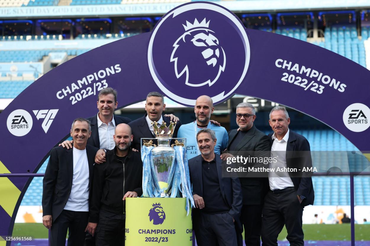 Begiristain (far right), Soriano (top left) celebrating Premier League title triumph last season. (Photo by Matthew Ashton/AMA via Getty Images)