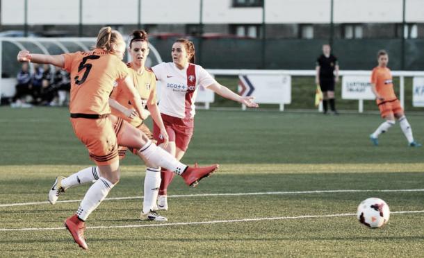 Glasgow City's Ruesha Littlejohn scores against Spartans. Photo: Tommy Hughes - Glasgow City