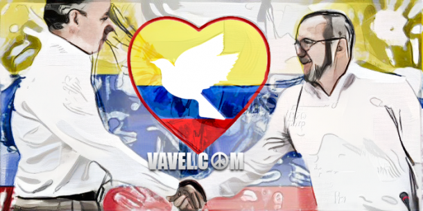 Imagen sobre el plebiscito por la Paz en Colombia donde aparecen el presidente Santos y 'Timochenko'. Autoría: Javier Robles - VAVEL