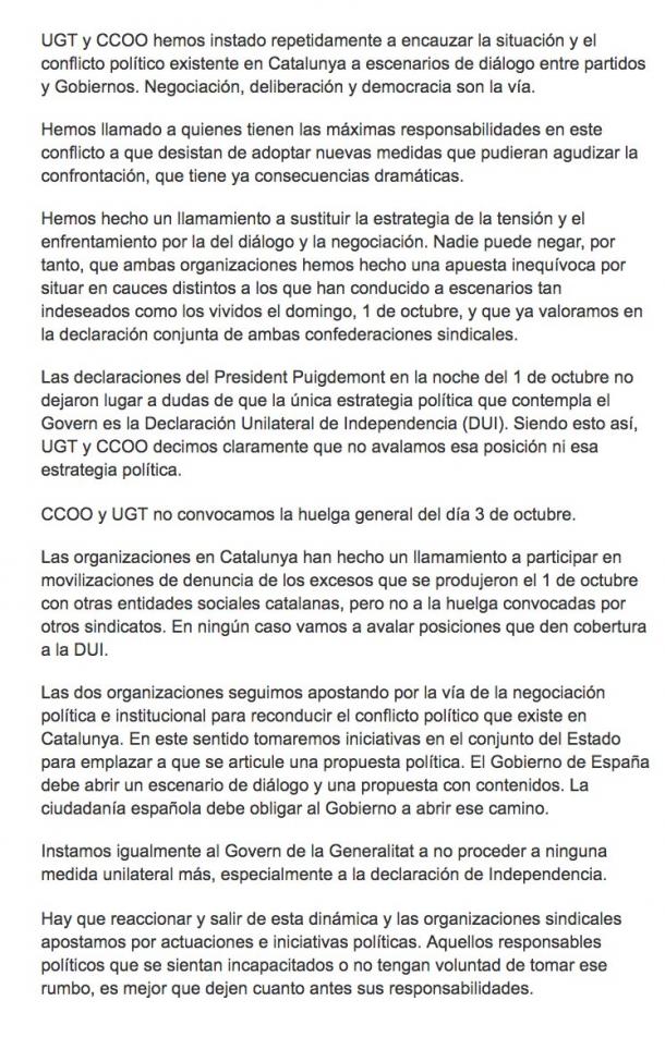 Comunicado de CCOO y UGT sobre la huelga general de Catalunya