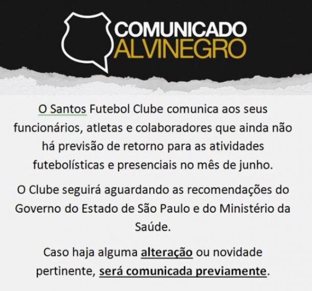 (Foto: Reprodução do comunicado enviado pelo Santos aos funcionários divulgado pelo site Globoesporte)