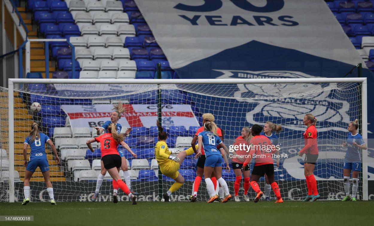 Lucy Thomas of Birmingham City fails to save a shot from Poppy Pattinson of Brighton & Hove Albion (not pictured) direct from a corner kick as they score their side's first goal during the Vitality Women's FA Cup match between Birmingham City and Brighton & Hove Albion at St Andrew's Trillion Trophy Stadium on March 19, 2023 in Birmingham, England. (Photo by Cameron Smith - The FA/The FA via Getty Images)