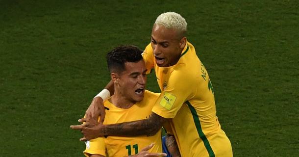 Coutinho and Neymer celebrating Coutinho's goal against Bolivia