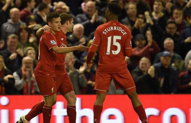 Coutinho and Sturridge joke about who is claiming the fourth goal (photo: Getty Images)