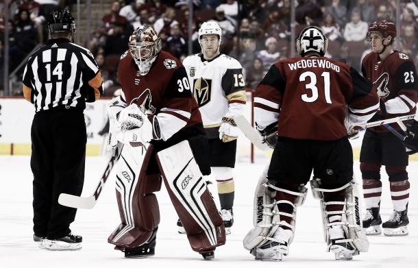 Scott Wedgewood gets the yank after giving up three goals in 1:42 vs Vegas. (Photo credit: The News and Observer)