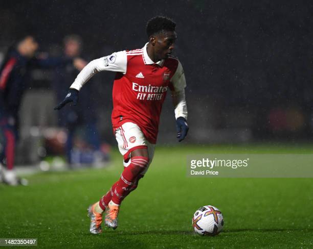Amario Cozier-Duberry of Arsenal during the PL2 match between Arsenal U21 and Brighton & Hove Albion U21 at Meadow Park on April 14, 2023 in Borehamwood, England. (Photo by David Price/Arsenal FC via Getty Images)