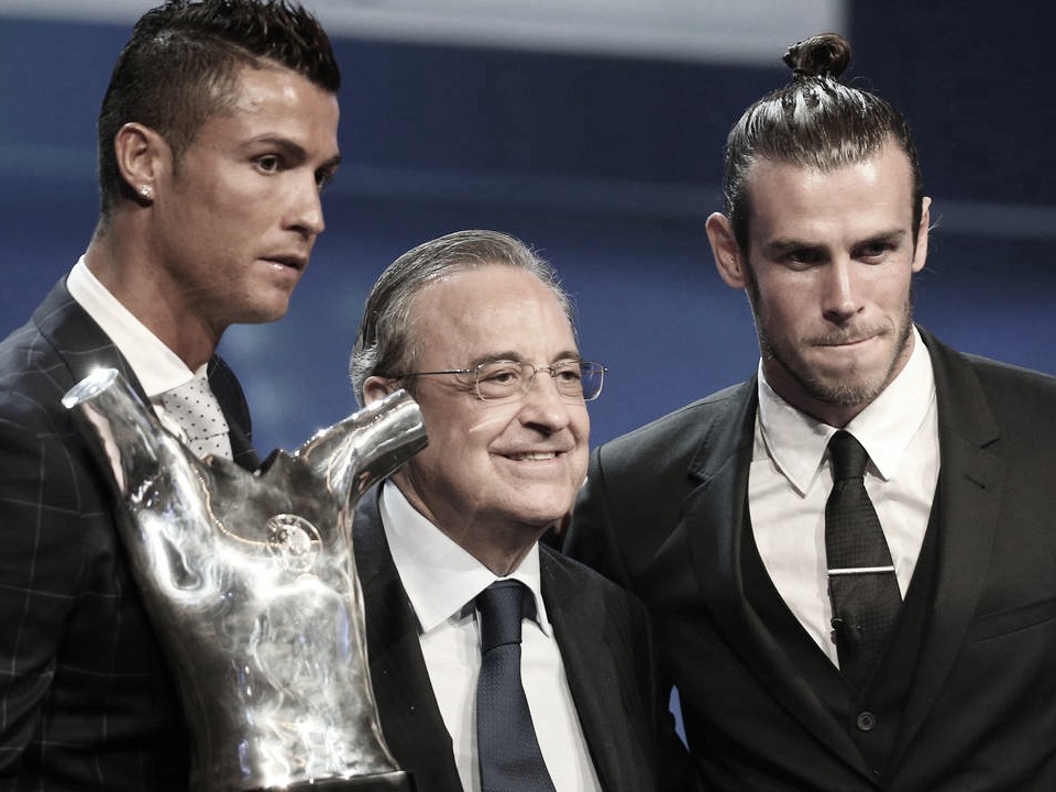 Florentino junto a dos de sus mayores fichajes: Cristiano Ronaldo y Bale | Foto: UEFA