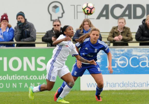 Crystal Dunn focuses on the ball in a match against Birmingham City. Source: Chelsea Ladies FC