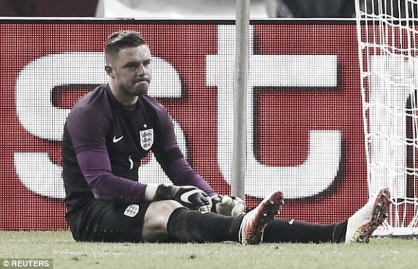 Jack Butland looks disappointed as his season is curtailed by injury. | Photo: Reuters