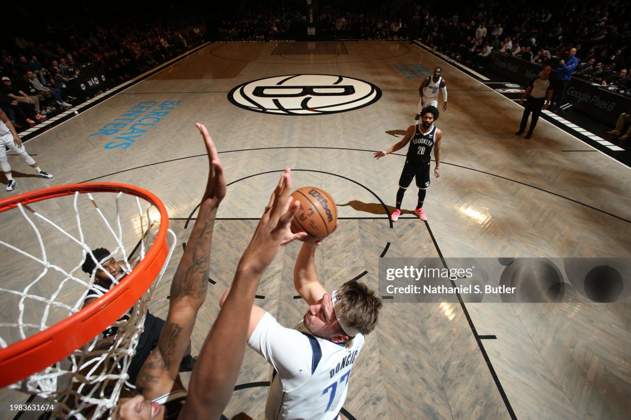 Luka Doncic #77 of the Dallas Mavericks goes to the basket during the game on February 6, 2024 at Barclays Center in Brooklyn, New York. NOTE TO USER: User expressly acknowledges and agrees that, by downloading and or using this Photograph, user is consenting to the terms and conditions of the Getty Images License Agreement. Mandatory Copyright Notice: Copyright 2024 NBAE (Photo by Nathaniel S. Butler/NBAE via Getty Images)