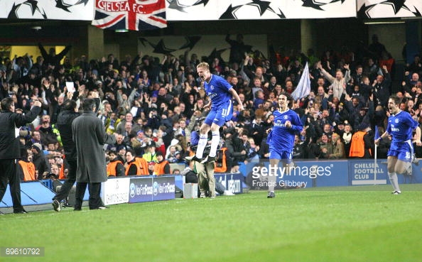 Damien Duff jumps for joy after putting Chelsea 3-0 up after 20 minutes. (Source: Francis Glibbery/Chelsea FC via Getty Images)