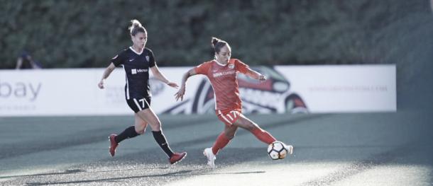 Steph Catley (left) and Kyah Simon (right) at Memorial Stadium in Seattle, WA on July 7, 2018 | Photo: Houston Dash