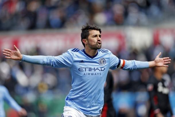 David Villa celebrates his exceptional long-range goal earlier in the season. (Source: Adam Hunger/USA Today Sports