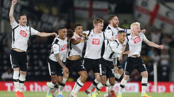 Derby celebrate their penalty shoot-out victory over Carlisle on Tuesday. (Picture: Sky Sports)