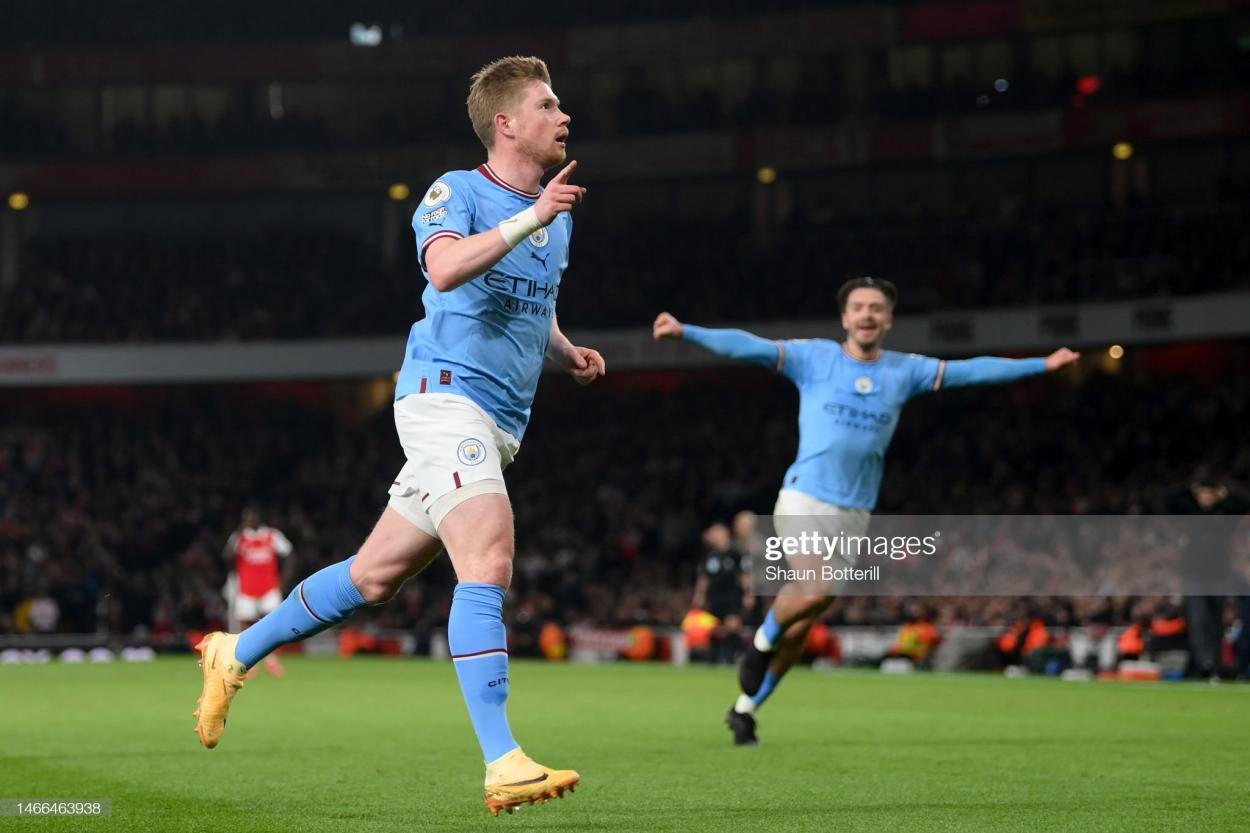 Kevin De Bruyne celebrating after scoring against Arsenal. (Photo by Shaun Botterill/Getty Images)