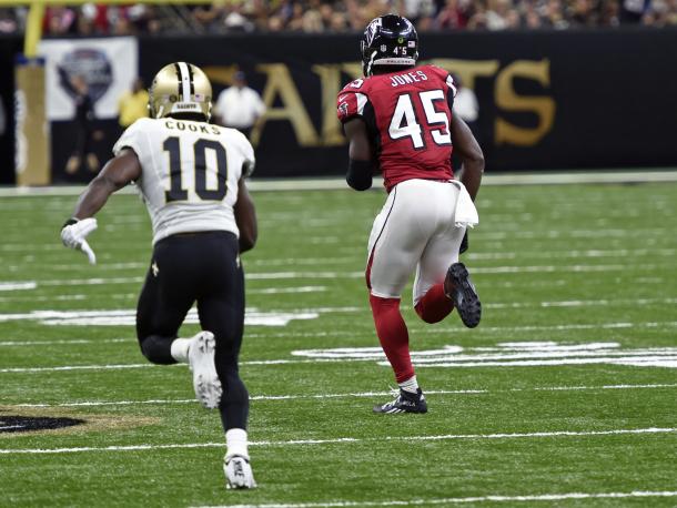Rookie linebacker Deion Jones returned an interception 90 yards for a touchdown in his home town of New Orleans. (Source: Associated Press)