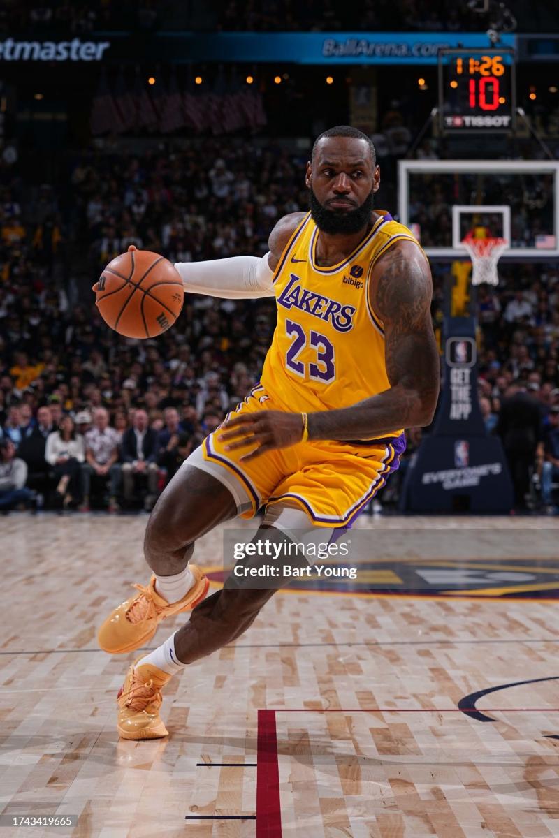 LeBron James #23 of the Los Angeles Lakers drives to the basket during the game against the Denver Nuggets on October 24, 2023 at the Ball Arena in Denver, Colorado. Copyright 2023 NBAE (Photo by Bart Young/NBAE via Getty Images)