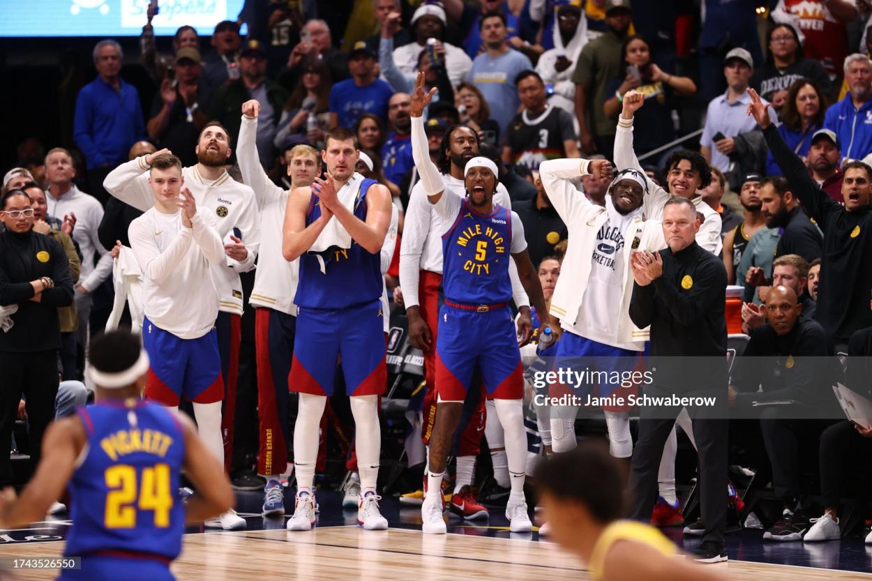 Denver Nuggets celebrates a three point basket on October 24, 2023 at the Ball Arena in Denver, Colorado. Copyright 2023 NBAE (Photo by Jamie Schwaberow/NBAE via Getty Images)